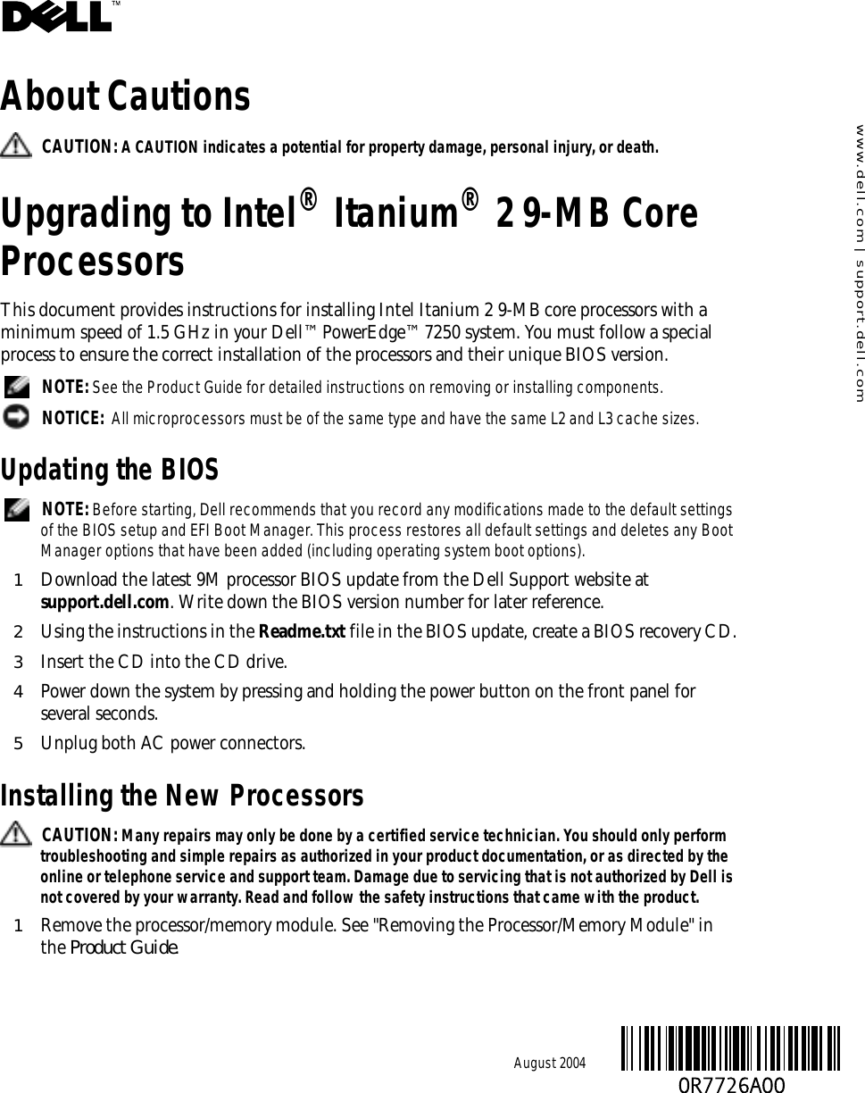 Page 1 of 3 - Dell Dell-Poweredge-7250-Upgrade-Guide- Upgrading To Intel Itanium 2 9-MB Core Processor  Dell-poweredge-7250-upgrade-guide