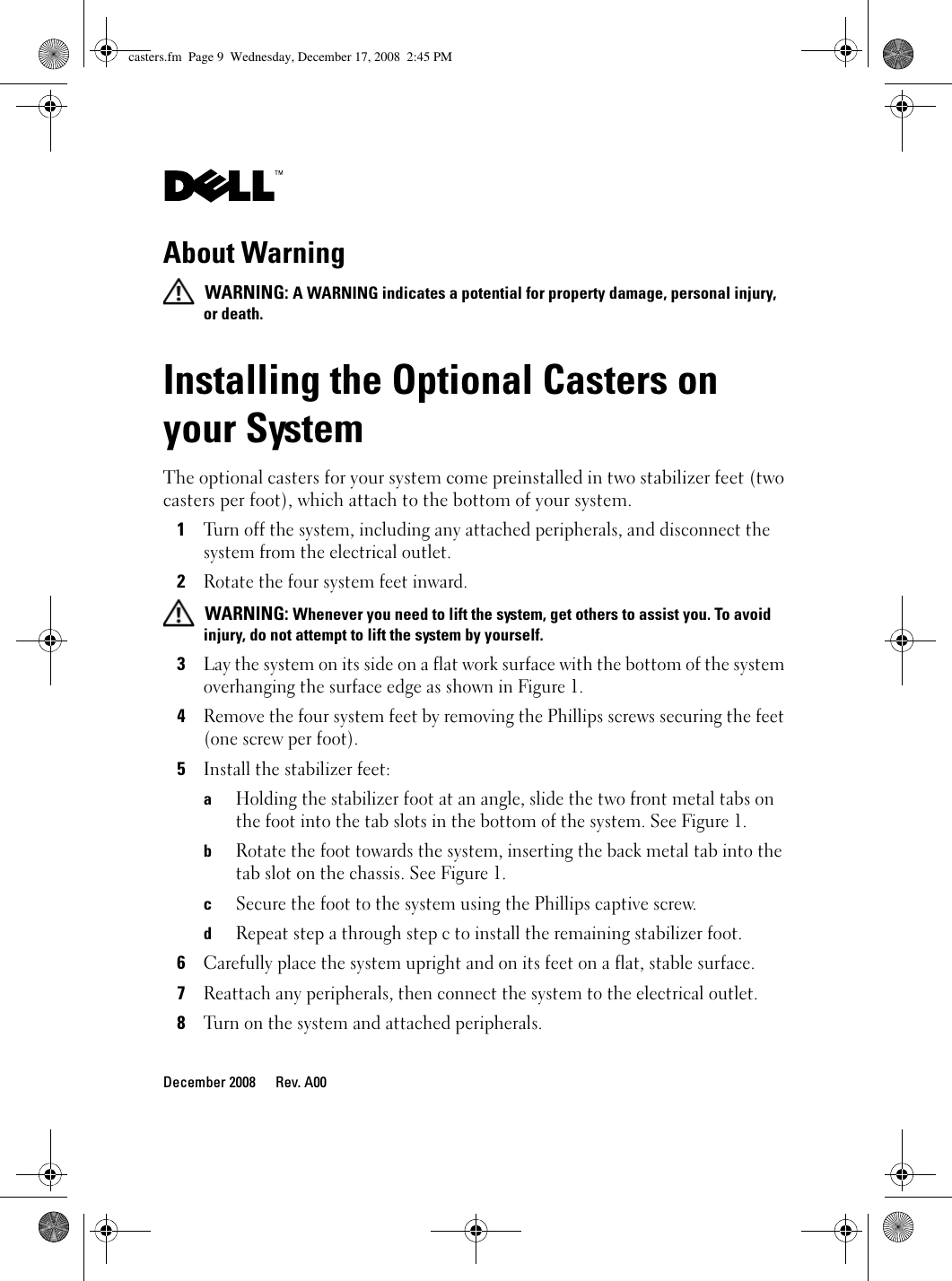 Page 1 of 2 - Dell Dell-Poweredge-T610-Installation-Manual- Installing The Optional Casters On Your System  Dell-poweredge-t610-installation-manual