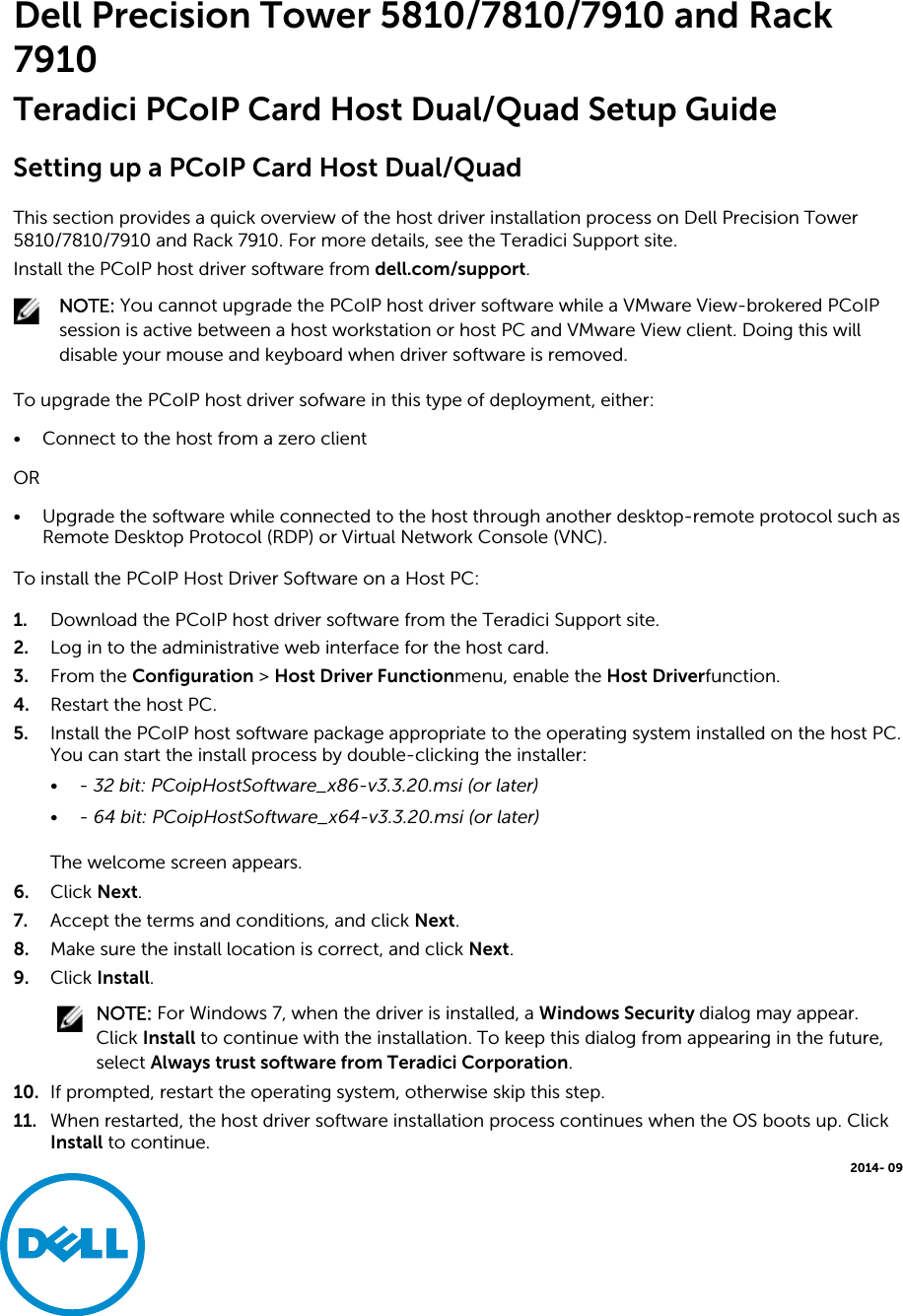 Page 1 of 2 - Dell Dell-Precision-Tower-5810-Setup-Guide- Precision Tower 5810/7810/7910 And Rack 7910 Teradici PCoIP Card Host Dual/Quad Setup Guide  Dell-precision-tower-5810-setup-guide