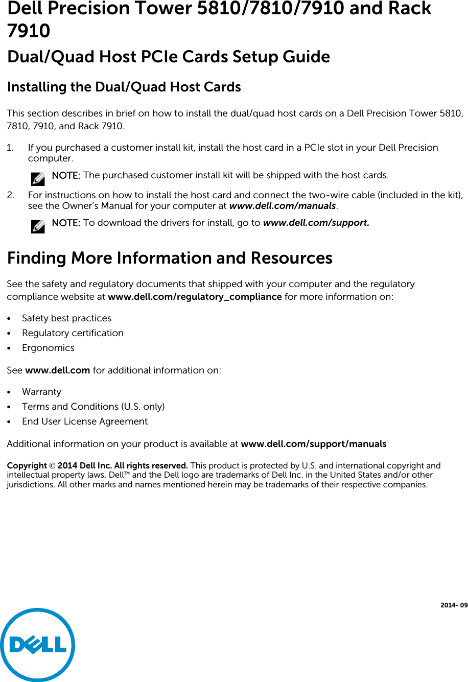 Page 1 of 1 - Dell Dell-Precision-Tower-7910-Setup-Guide- Precision Tower 5810/7810/7910 And Rack 7910 Dual/Quad Host PCIe Cards Setup Guide  Dell-precision-tower-7910-setup-guide