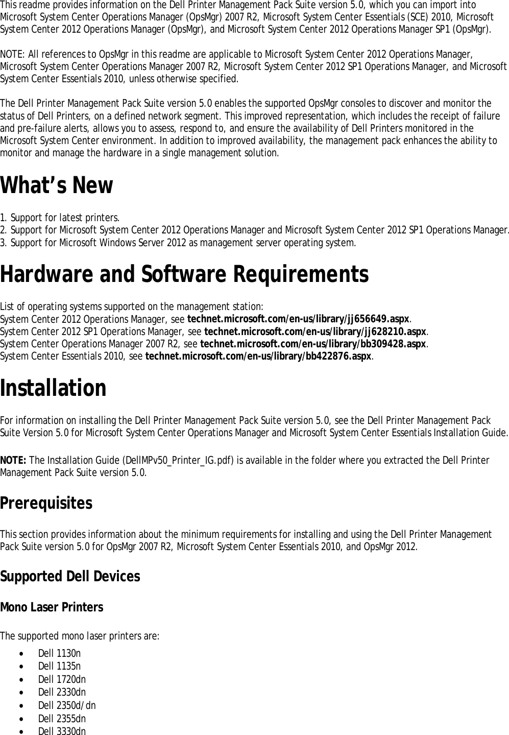 Page 3 of 6 - Dell Dell-Printer-Management-Pack-Version-5-0-For-Microsoft-System-Center-Operations-Manager-Owners-Manual- Printer Management Pack Version 5.0 For Microsoft System Center Operations Manager Readme  Dell-printer-management-pack-version-5-0-for-microsoft-system-center-operations-manager-owners-manual