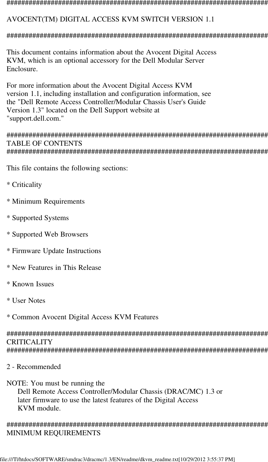 Page 1 of 7 - Dell Dell-Remote-Access-Controller-Mc-Version-1-3-Owners-Manual- Remote Access Controller/MC Version 1.3 Avocent™ Digital KVM Readme Dell-remote-access-controller-mc-version-1-3-owners-manual