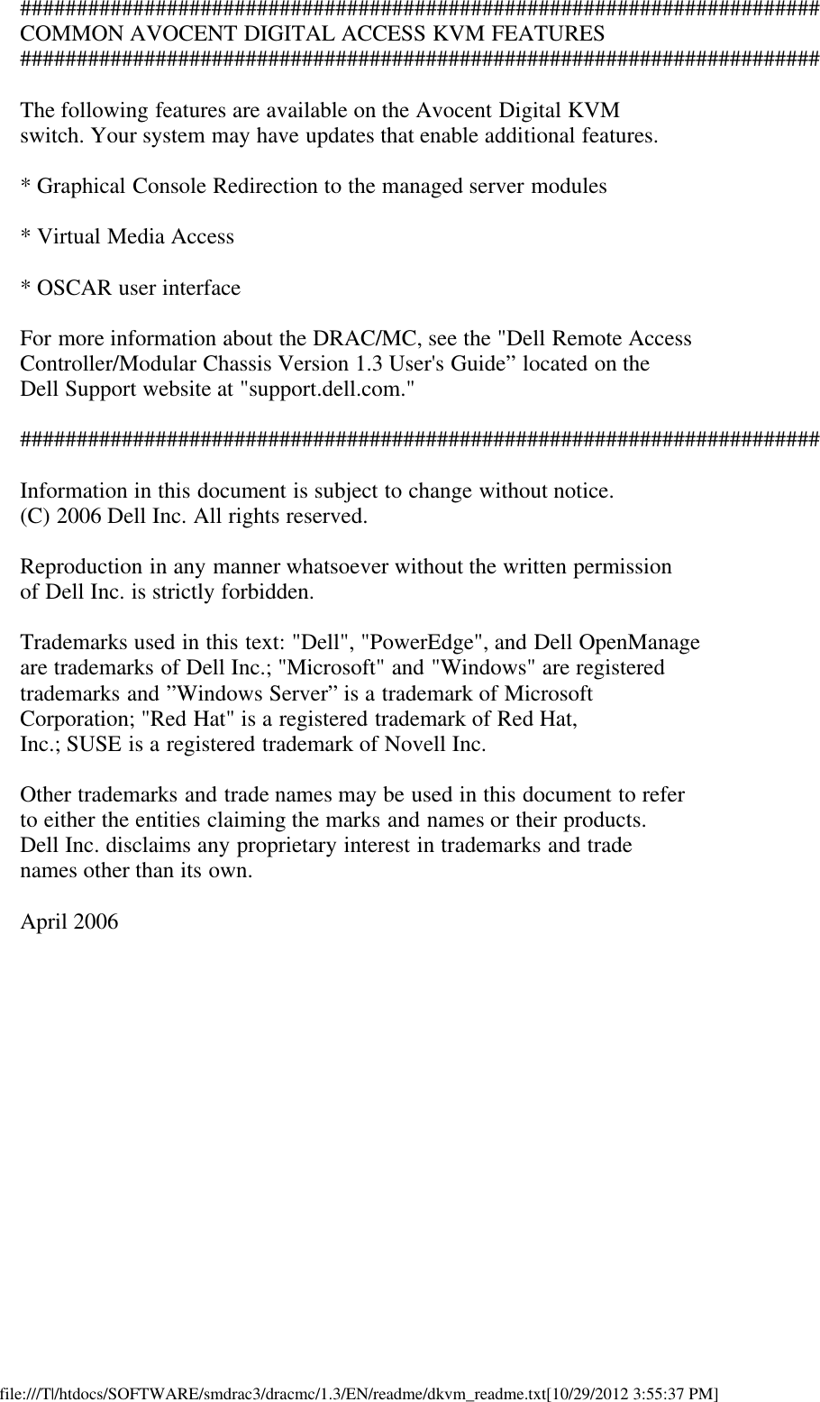 Page 7 of 7 - Dell Dell-Remote-Access-Controller-Mc-Version-1-3-Owners-Manual- Remote Access Controller/MC Version 1.3 Avocent™ Digital KVM Readme Dell-remote-access-controller-mc-version-1-3-owners-manual