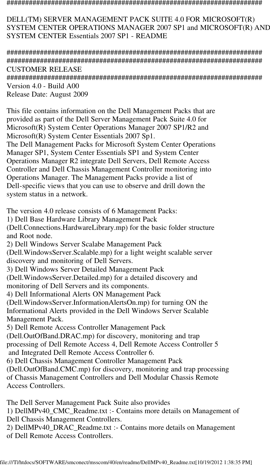 Page 1 of 2 - Dell Dell-Server-Management-Pack-Version-4-0-For-Microsoft-System-Center-Operations-Manager-Owners-Manual- Server Management Pack Version 4.0 For Microsoft System Center Operations Manager Readme - Suite  Dell-server-management-pack-version-4-0-for-microsoft-system-center-operations-manager-owners-manual