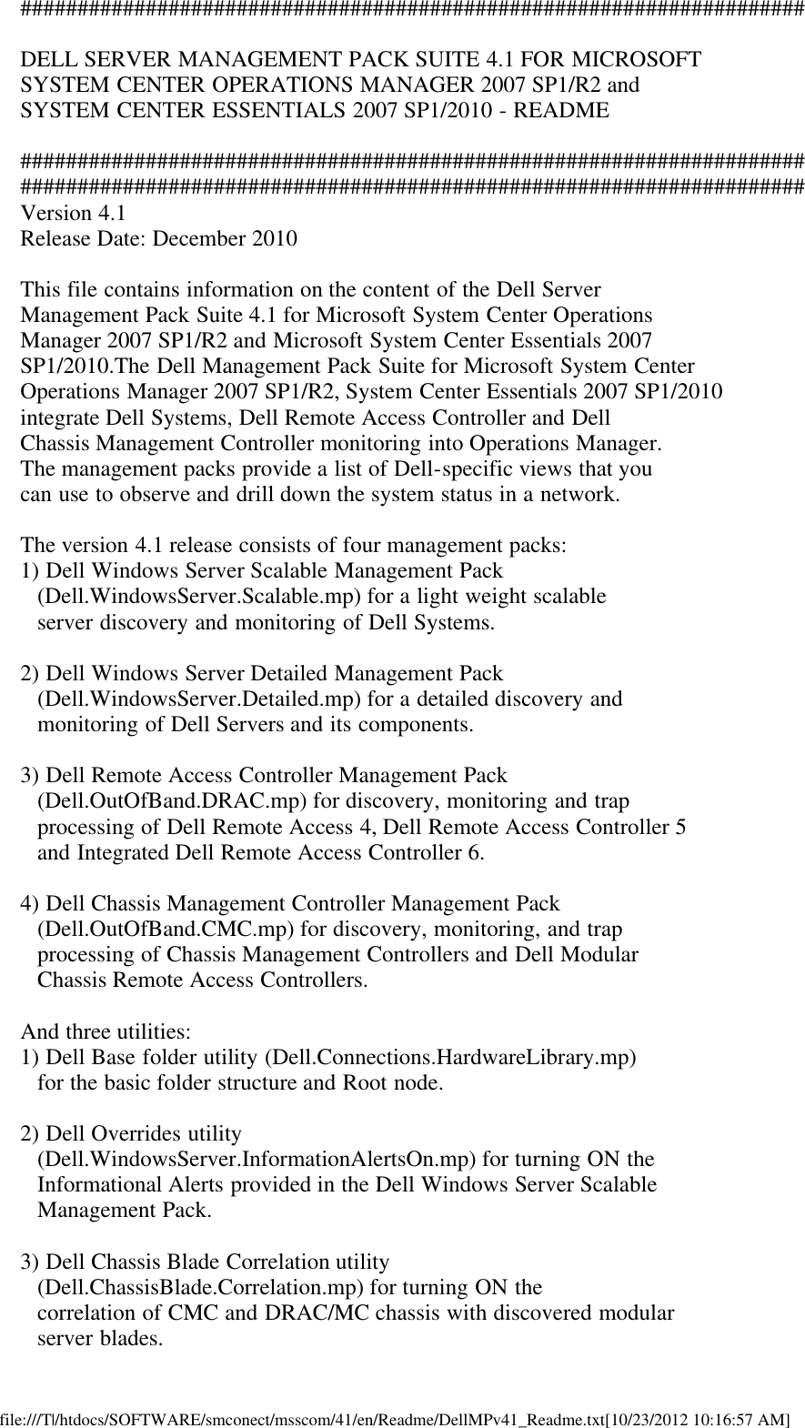 Page 1 of 2 - Dell Dell-Server-Management-Pack-Version-4-1-For-Microsoft-System-Center-Operations-Manager-Owners-Manual- Readme For Server Management Pack Suite Version 4.1  Dell-server-management-pack-version-4-1-for-microsoft-system-center-operations-manager-owners-manual