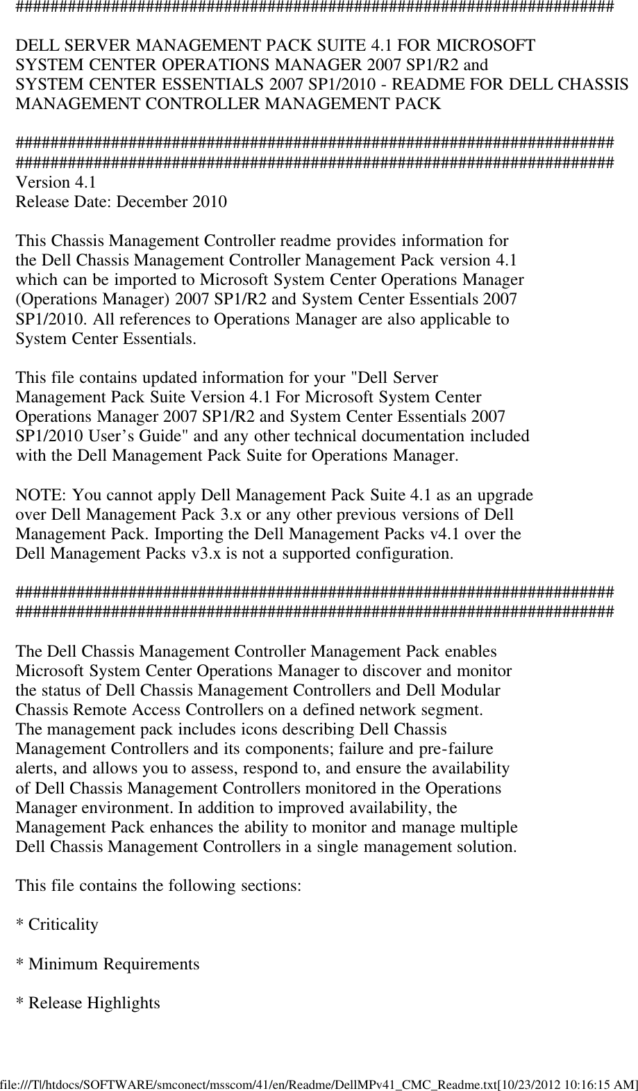 Page 1 of 9 - Dell Dell-Server-Management-Pack-Version-4-1-For-Microsoft-System-Center-Operations-Manager-Owners-Manual- Readme For Chassis Management Controller Pack  Dell-server-management-pack-version-4-1-for-microsoft-system-center-operations-manager-owners-manual