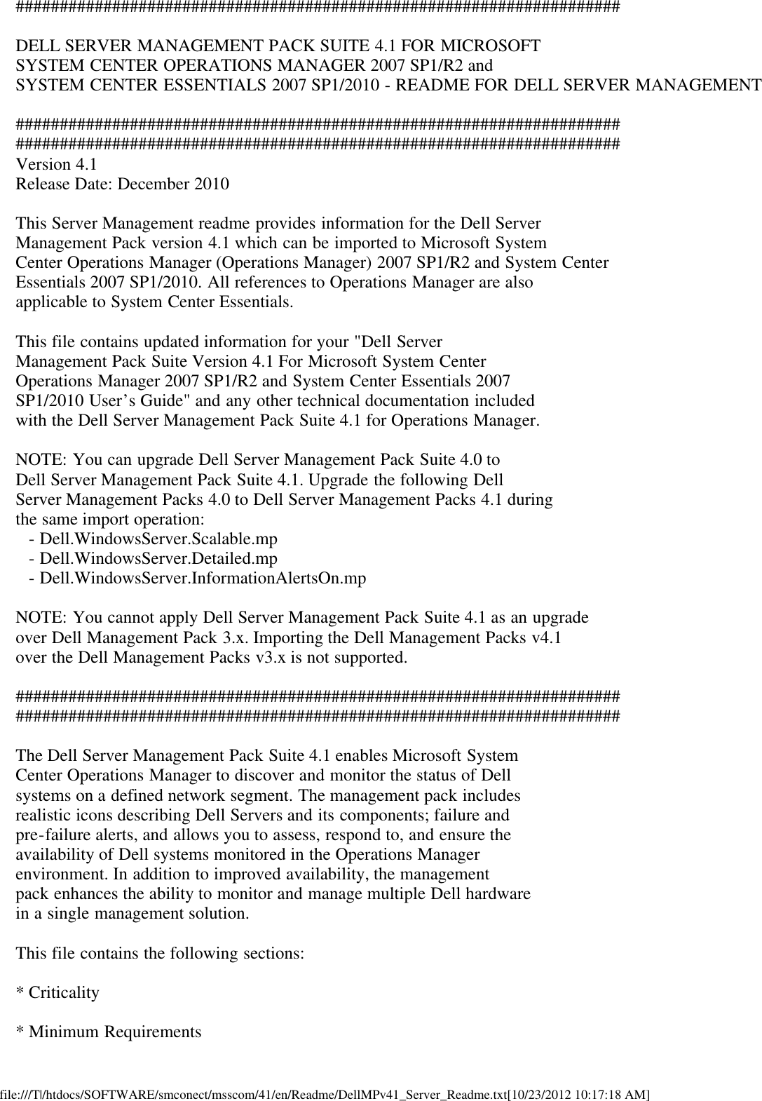 Page 1 of 9 - Dell Dell-Server-Management-Pack-Version-4-1-For-Microsoft-System-Center-Operations-Manager-Owners-Manual- Readme For Server Management Pack  Dell-server-management-pack-version-4-1-for-microsoft-system-center-operations-manager-owners-manual