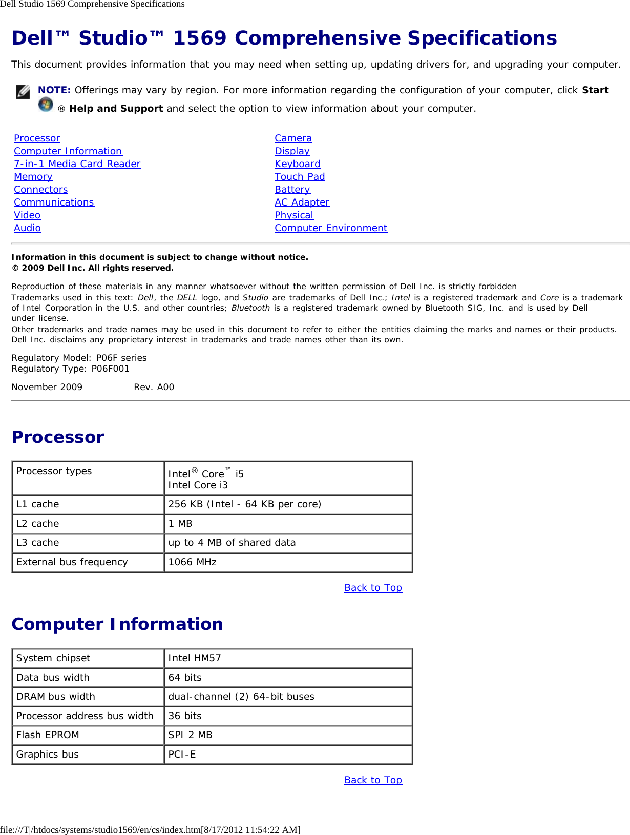 Page 1 of 5 - Dell Dell-Studio-1569-Specifications- Studio 1569 Comprehensive Specifications  Dell-studio-1569-specifications