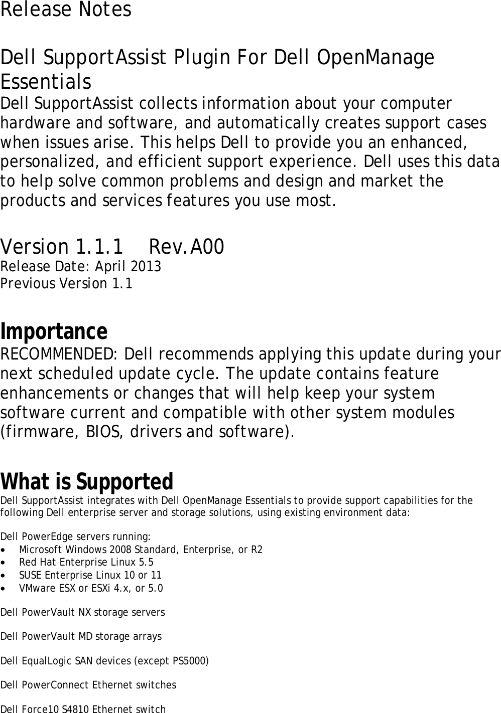 Page 1 of 9 - Dell Dell-Supportassist-Plugin-For-Openmanage-Essentials-Version-1-1-1-Owners-Manual- SupportAssist Plugin For OpenManage Essentials Version 1.1.1 Readme  Dell-supportassist-plugin-for-openmanage-essentials-version-1-1-1-owners-manual