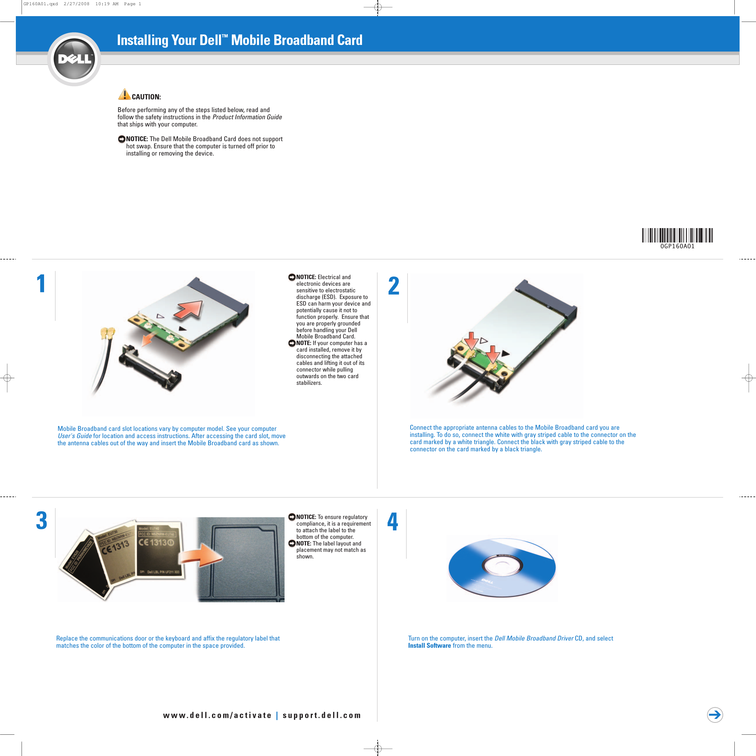 Page 1 of 2 - Dell Dell-Wireless-57Xx-Sprint-Mobile-Broadband-Cdma-Ev-Do-Mini-Card-Quick-Start-Guide- Installing Your Dell™ Mobile Broadband Card  Dell-wireless-57xx-sprint-mobile-broadband-cdma-ev-do-mini-card-quick-start-guide