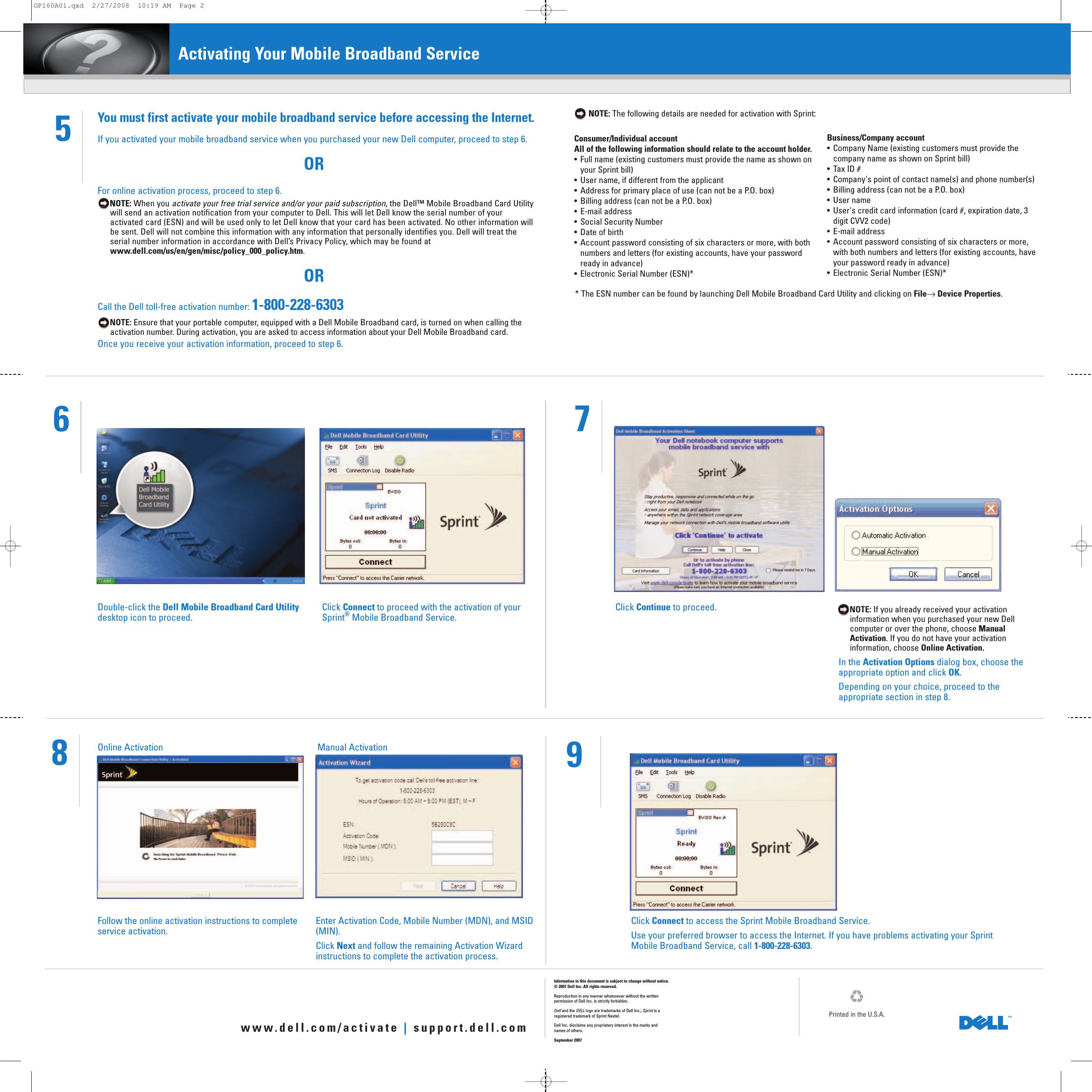 Page 2 of 2 - Dell Dell-Wireless-57Xx-Sprint-Mobile-Broadband-Cdma-Ev-Do-Mini-Card-Quick-Start-Guide- Installing Your Dell™ Mobile Broadband Card  Dell-wireless-57xx-sprint-mobile-broadband-cdma-ev-do-mini-card-quick-start-guide