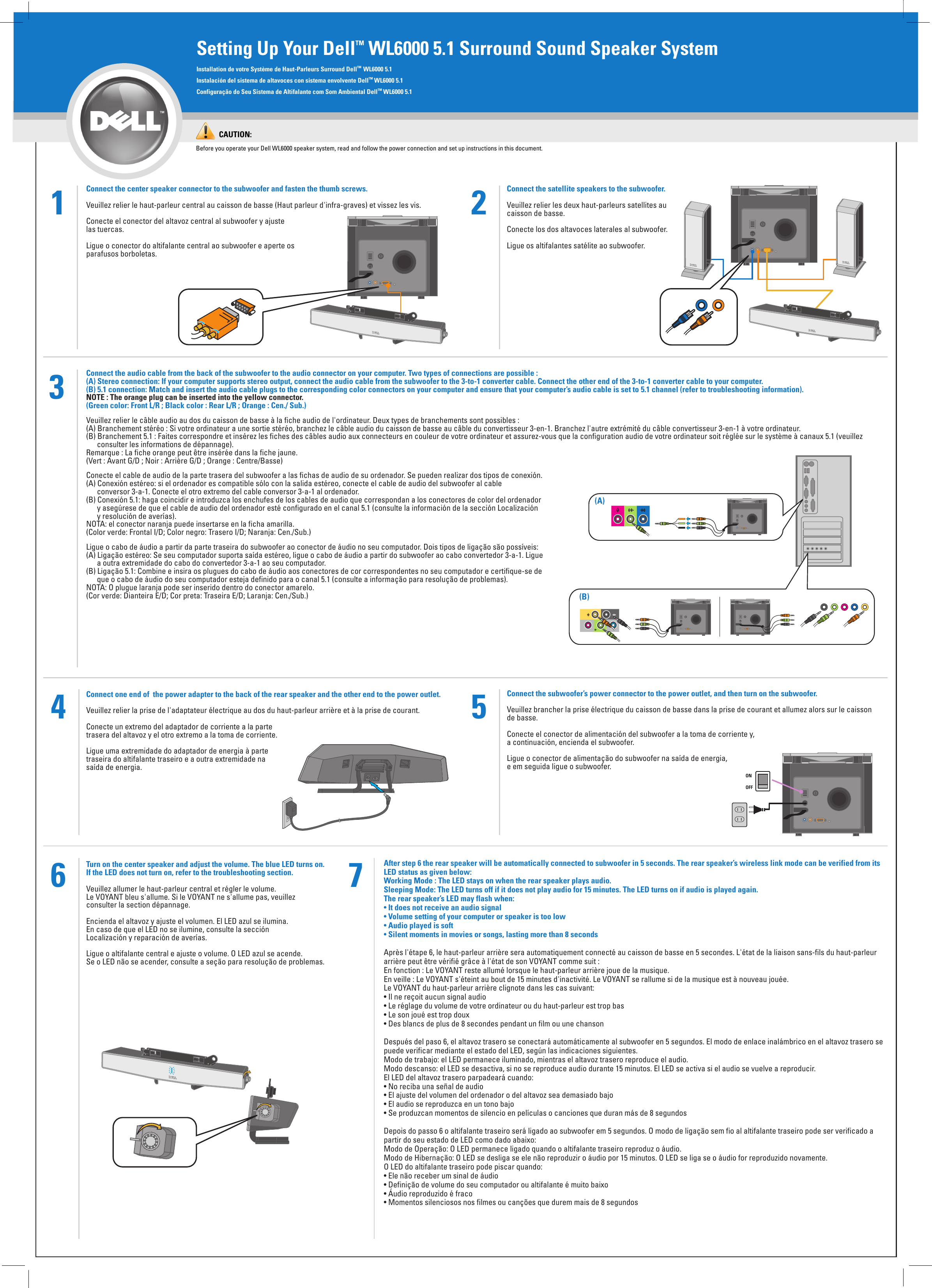 Page 1 of 2 - Dell Dell-Wl6000-100W-5-1-Surround-Speaker-System-With-5-8-Ghz-Wireless-Rear-Channels-And-Subwoofer-Quick-Reference-Guide- Setup And Quick Reference Guide  Dell-wl6000-100w-5-1-surround-speaker-system-with-5-8-ghz-wireless-rear-channels-and-subwoofer-quick-reference-guide