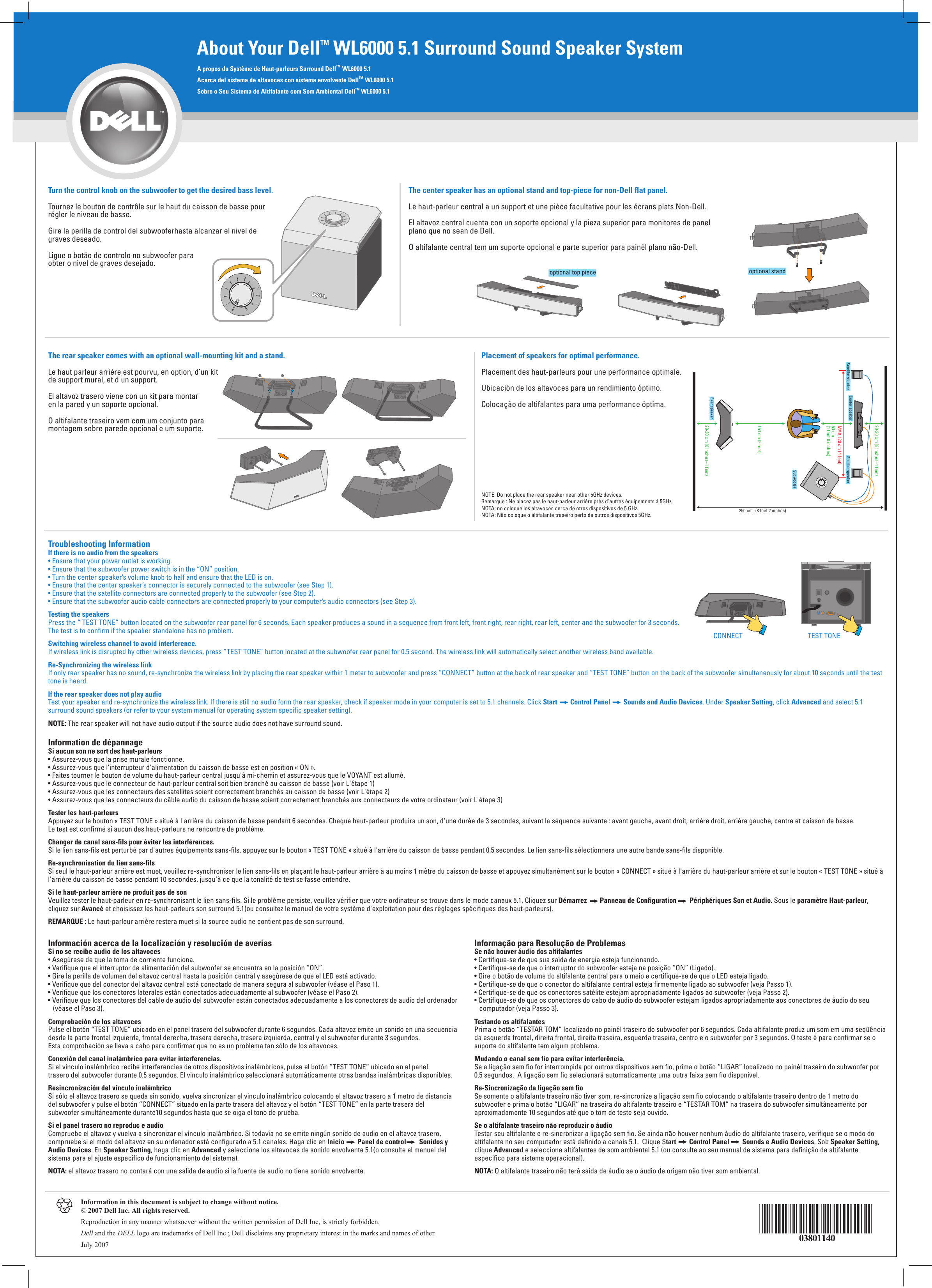 Page 2 of 2 - Dell Dell-Wl6000-100W-5-1-Surround-Speaker-System-With-5-8-Ghz-Wireless-Rear-Channels-And-Subwoofer-Quick-Reference-Guide- Setup And Quick Reference Guide  Dell-wl6000-100w-5-1-surround-speaker-system-with-5-8-ghz-wireless-rear-channels-and-subwoofer-quick-reference-guide