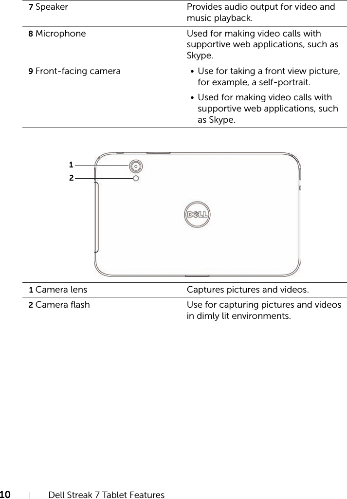 10 Dell Streak 7 Tablet Features7Speaker Provides audio output for video and music playback.8Microphone Used for making video calls with supportive web applications, such as Skype.9Front-facing camera • Use for taking a front view picture, for example, a self-portrait.• Used for making video calls with supportive web applications, such as Skype.1Camera lens Captures pictures and videos.2Camera flash Use for capturing pictures and videos in dimly lit environments.12