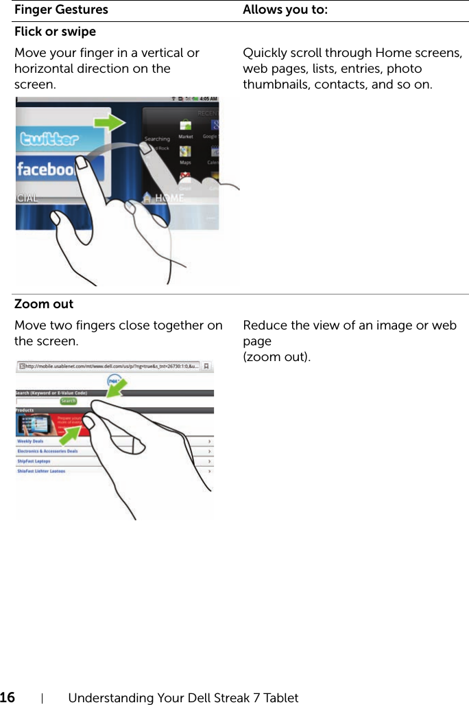 16 Understanding Your Dell Streak 7 TabletFlick or swipeMove your finger in a vertical or horizontal direction on the screen.Quickly scroll through Home screens, web pages, lists, entries, photo thumbnails, contacts, and so on.Zoom outMove two fingers close together on the screen.Reduce the view of an image or web page(zoom out).Finger Gestures Allows you to: