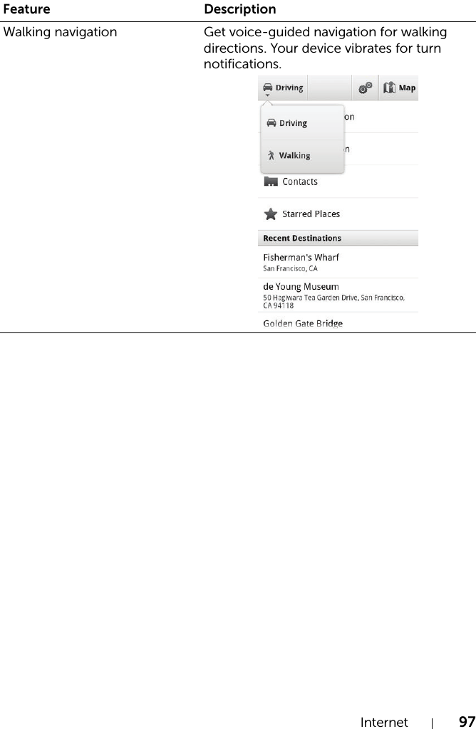 Internet 97Walking navigation Get voice-guided navigation for walking directions. Your device vibrates for turn notifications.Feature Description