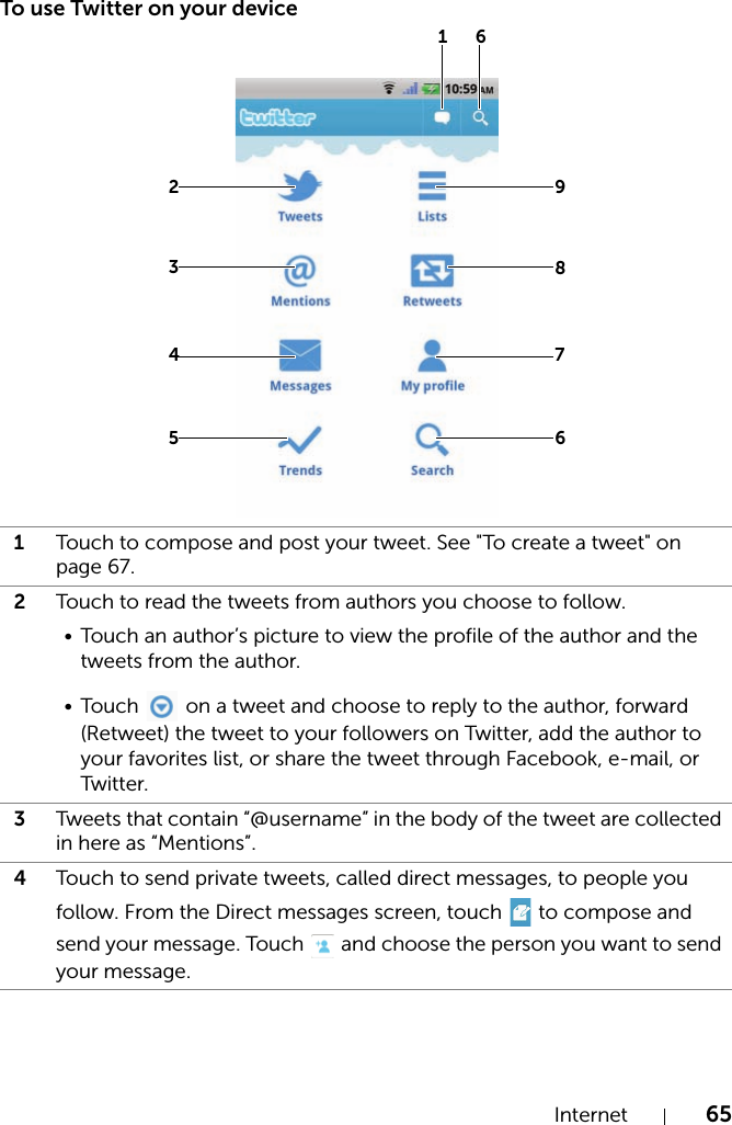 Internet 65To use Twitter on your device1Touch to compose and post your tweet. See &quot;To create a tweet&quot; on page 67.2Touch to read the tweets from authors you choose to follow.• Touch an author’s picture to view the profile of the author and the tweets from the author.•Touch   on a tweet and choose to reply to the author, forward (Retweet) the tweet to your followers on Twitter, add the author to your favorites list, or share the tweet through Facebook, e-mail, or Twitter.3Tweets that contain “@username” in the body of the tweet are collected in here as “Mentions”.4Touch to send private tweets, called direct messages, to people you follow. From the Direct messages screen, touch   to compose and send your message. Touch   and choose the person you want to send your message.2634578961