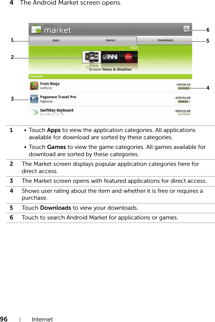 96 Internet4The Android Market screen opens.1•Touch Apps to view the application categories. All applications available for download are sorted by these categories.•Touch Games to view the game categories. All games available for download are sorted by these categories.2The Market screen displays popular application categories here for direct access.3The Market screen opens with featured applications for direct access.4Shows user rating about the item and whether it is free or requires a purchase.5Touch  Downloads to view your downloads.6Touch to search Android Market for applications or games.615423