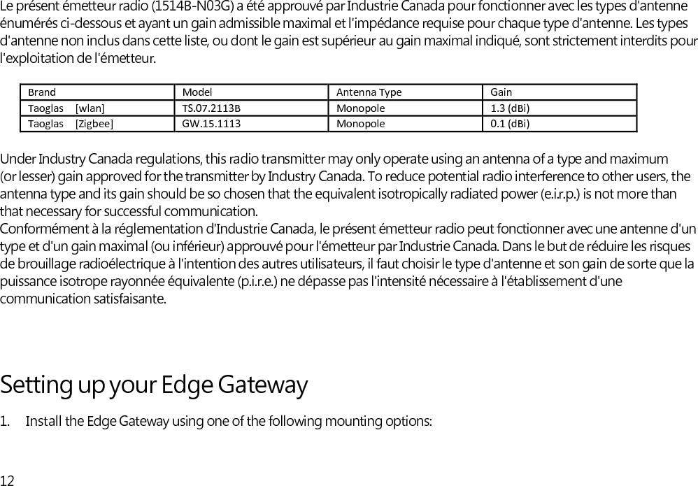  Le présent émetteur radio (1514B-N03G) a été approuvé par Industrie Canada pour fonctionner avec les types d&apos;antenne énumérés ci-dessous et ayant un gain admissible maximal et l&apos;impédance requise pour chaque type d&apos;antenne. Les types d&apos;antenne non inclus dans cette liste, ou dont le gain est supérieur au gain maximal indiqué, sont strictement interdits pour l&apos;exploitation de l&apos;émetteur.  Brand  Model  Antenna Type  Gain Taoglas    [wlan]  TS.07.2113B  Monopole  1.3 (dBi) Taoglas    [Zigbee]  GW.15.1113  Monopole  0.1 (dBi)  Under Industry Canada regulations, this radio transmitter may only operate using an antenna of a type and maximum   (or lesser) gain approved for the transmitter by Industry Canada. To reduce potential radio interference to other users, the antenna type and its gain should be so chosen that the equivalent isotropically radiated power (e.i.r.p.) is not more than that necessary for successful communication. Conformément à la réglementation d&apos;Industrie Canada, le présent émetteur radio peut fonctionner avec une antenne d&apos;un type et d&apos;un gain maximal (ou inférieur) approuvé pour l&apos;émetteur par Industrie Canada. Dans le but de réduire les risques   de brouillage radioélectrique à l&apos;intention des autres utilisateurs, il faut choisir le type d&apos;antenne et son gain de sorte que la puissance isotrope rayonnée équivalente (p.i.r.e.) ne dépasse pas l&apos;intensité nécessaire à l&apos;établissement d&apos;une   communication satisfaisante.    Setting up your Edge Gateway 1. Install the Edge Gateway using one of the following mounting options:   12