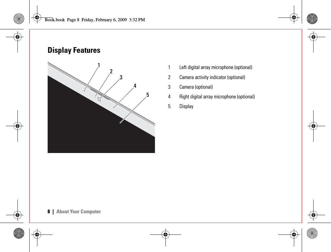 8|About Your ComputerDisplay Features121 Left digital array microphone (optional)2 Camera activity indicator (optional)3 Camera (optional)4 Right digital array microphone (optional)5 Display345Book.book  Page 8  Friday, February 6, 2009  3:32 PM