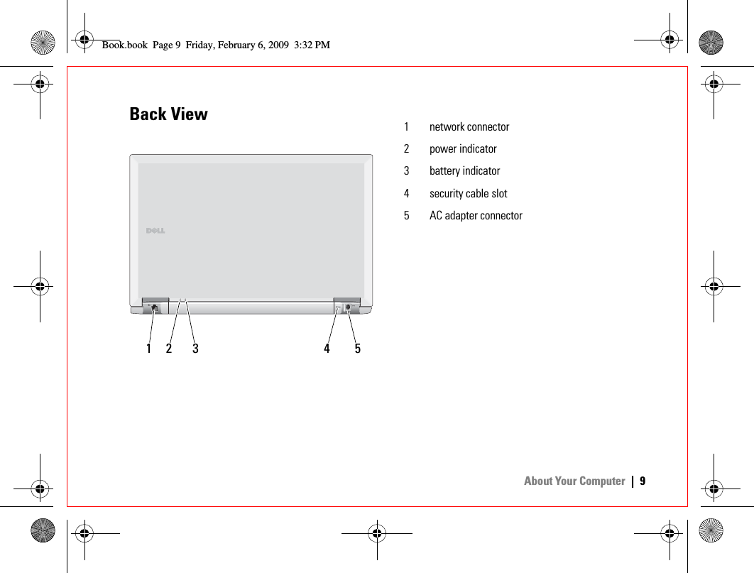  About Your Computer |9Back View5321 41 network connector2 power indicator3 battery indicator4 security cable slot5 AC adapter connectorBook.book  Page 9  Friday, February 6, 2009  3:32 PM