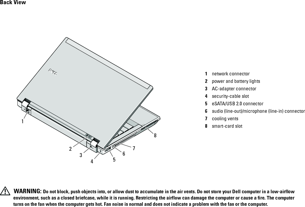 Back View WARNING: Do not block, push objects into, or allow dust to accumulate in the air vents. Do not store your Dell computer in a low-airflow environment, such as a closed briefcase, while it is running. Restricting the airflow can damage the computer or cause a fire. The computer turns on the fan when the computer gets hot. Fan noise is normal and does not indicate a problem with the fan or the computer.54321network connector2power and battery lights3AC-adapter connector4security-cable slot5eSATA/USB 2.0 connector6audio (line-out)/microphone (line-in) connector7cooling vents8smart-card slot18677JR5Tcc0.fm  Page 2  Friday, January 22, 2010  10:42 AM