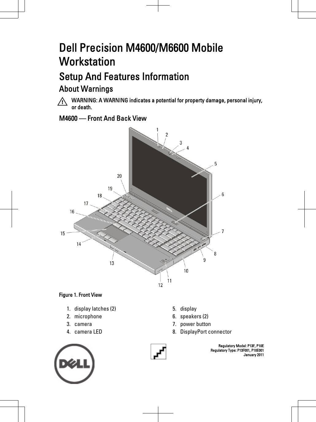 Dell Precision M4600/M6600 MobileWorkstationSetup And Features InformationAbout WarningsWARNING: A WARNING indicates a potential for property damage, personal injury,or death.M4600 — Front And Back ViewFigure 1. Front View1. display latches (2)2. microphone3. camera4. camera LED5. display6. speakers (2)7. power button8. DisplayPort connectorRegulatory Model: P13F, P10ERegulatory Type: P13F001, P10E001January 2011
