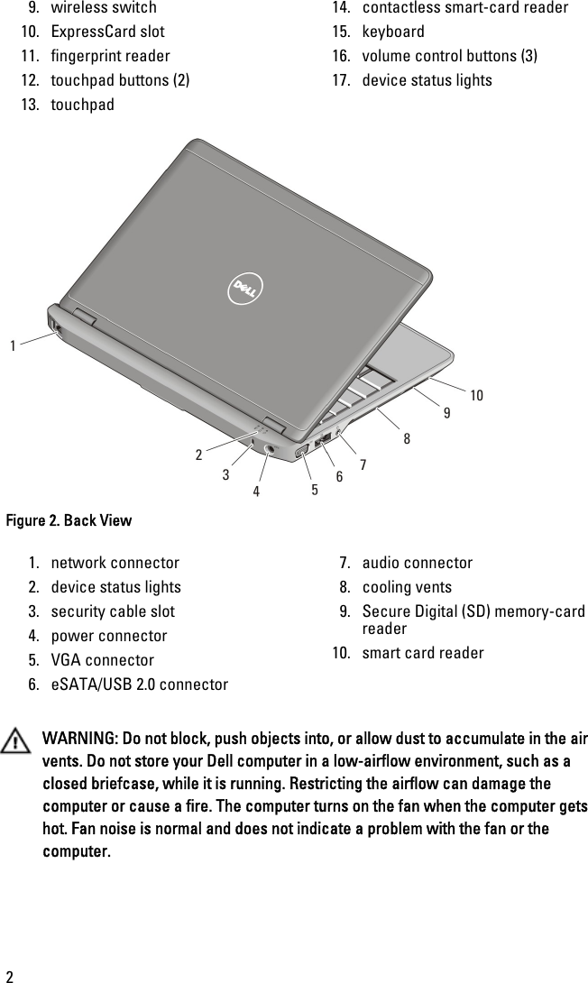 9. wireless switch10. ExpressCard slot11. fingerprint reader12. touchpad buttons (2)13. touchpad14. contactless smart-card reader15. keyboard16. volume control buttons (3)17. device status lightsFigure 2. Back View1. network connector2. device status lights3. security cable slot4. power connector5. VGA connector6. eSATA/USB 2.0 connector7. audio connector8. cooling vents9. Secure Digital (SD) memory-cardreader10. smart card readerWARNING: Do not block, push objects into, or allow dust to accumulate in the airvents. Do not store your Dell computer in a low-airflow environment, such as aclosed briefcase, while it is running. Restricting the airflow can damage thecomputer or cause a fire. The computer turns on the fan when the computer getshot. Fan noise is normal and does not indicate a problem with the fan or thecomputer.2