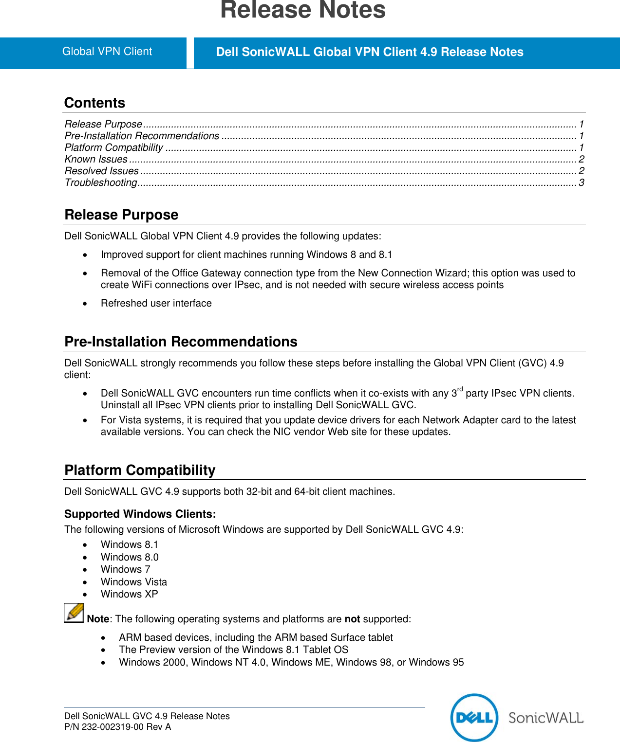 Dell Sonicos Sonicwall Gvc 4 9 Global Vpn Client Release Notes User Manual To The D593decb D38f 4ce7 9285 F7b4e3a8fbeb