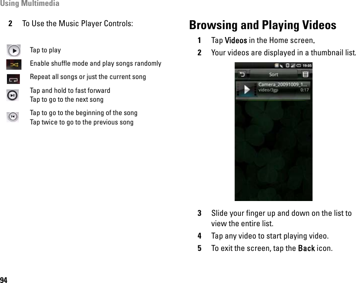 Using Multimedia942To Use the Music Player Controls: Browsing and Playing Videos1Tap Videos in the Home screen.2Your videos are displayed in a thumbnail list.3Slide your finger up and down on the list to view the entire list.4Tap any video to start playing video. 5To exit the screen, tap the Back icon.Tap to playEnable shuffle mode and play songs randomlyRepeat all songs or just the current songTap and hold to fast forwardTap to go to the next songTap to go to the beginning of the songTap twice to go to the previous song