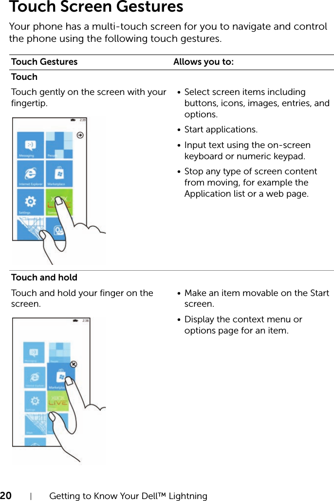 20 Getting to Know Your Dell™ LightningTouch Screen GesturesYour phone has a multi-touch screen for you to navigate and control the phone using the following touch gestures.Touch Gestures Allows you to:TouchTouch gently on the screen with your fingertip.• Select screen items including buttons, icons, images, entries, and options.• Start applications.• Input text using the on-screen keyboard or numeric keypad.• Stop any type of screen content from moving, for example the Application list or a web page.Touch and holdTouch and hold your finger on the screen.• Make an item movable on the Start screen.• Display the context menu or options page for an item.