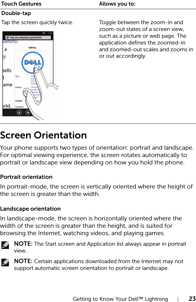 Getting to Know Your Dell™ Lightning 23Screen OrientationYour phone supports two types of orientation: portrait and landscape. For optimal viewing experience, the screen rotates automatically to portrait or landscape view depending on how you hold the phone.Portrait orientationIn portrait-mode, the screen is vertically oriented where the height of the screen is greater than the width.Landscape orientationIn landscape-mode, the screen is horizontally oriented where the width of the screen is greater than the height, and is suited for browsing the Internet, watching videos, and playing games. NOTE: The Start screen and Application list always appear in portrait view. NOTE: Certain applications downloaded from the Internet may not support automatic screen orientation to portrait or landscape.Double-tapTap the screen quickly twice. Toggle between the zoom-in and zoom-out states of a screen view, such as a picture or web page. The application defines the zoomed-in and zoomed-out scales and zooms in or out accordingly.Touch Gestures Allows you to: