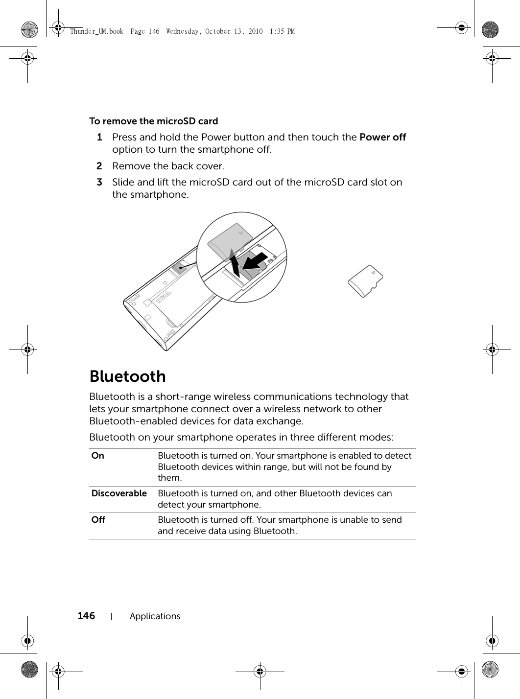 146 ApplicationsTo remove the microSD cardBluetoothBluetooth is a short-range wireless communications technology that lets your smartphone connect over a wireless network to other Bluetooth-enabled devices for data exchange.Bluetooth on your smartphone operates in three different modes:1Press and hold the Power button and then touch the Power off option to turn the smartphone off.2Remove the back cover.3Slide and lift the microSD card out of the microSD card slot on the smartphone.On Bluetooth is turned on. Your smartphone is enabled to detect Bluetooth devices within range, but will not be found by them.Discoverable Bluetooth is turned on, and other Bluetooth devices can detect your smartphone.Off Bluetooth is turned off. Your smartphone is unable to send and receive data using Bluetooth.Thunder_UM.book  Page 146  Wednesday, October 13, 2010  1:35 PM