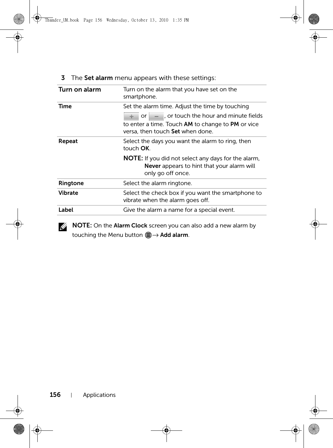 156 Applications3The Set alarm menu appears with these settings: NOTE: On the Alarm Clock screen you can also add a new alarm by touching the Menu button  → Add alarm.Turn on alarm Turn on the alarm that you have set on the smartphone.Time Set the alarm time. Adjust the time by touching  or  , or touch the hour and minute fields to enter a time. Touch AM to change to PM or vice versa, then touch Set when done.Repeat Select the days you want the alarm to ring, then touch OK.NOTE: If you did not select any days for the alarm, Never appears to hint that your alarm will only go off once.Ringtone Select the alarm ringtone.Vibrate Select the check box if you want the smartphone to vibrate when the alarm goes off.Label Give the alarm a name for a special event.Thunder_UM.book  Page 156  Wednesday, October 13, 2010  1:35 PM