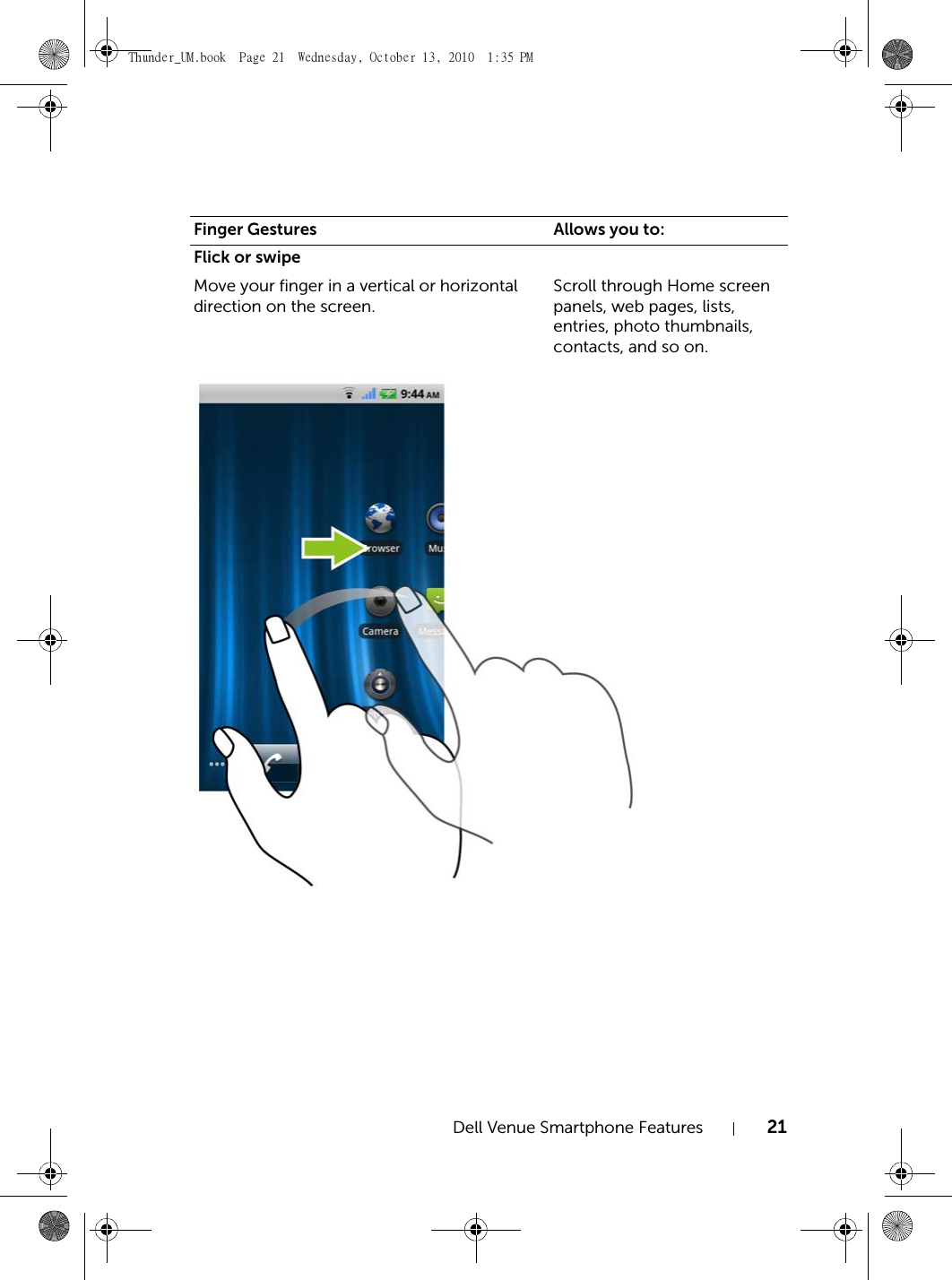 Dell Venue Smartphone Features 21Flick or swipeMove your finger in a vertical or horizontal direction on the screen.Scroll through Home screen panels, web pages, lists, entries, photo thumbnails, contacts, and so on.Finger Gestures Allows you to:Thunder_UM.book  Page 21  Wednesday, October 13, 2010  1:35 PM