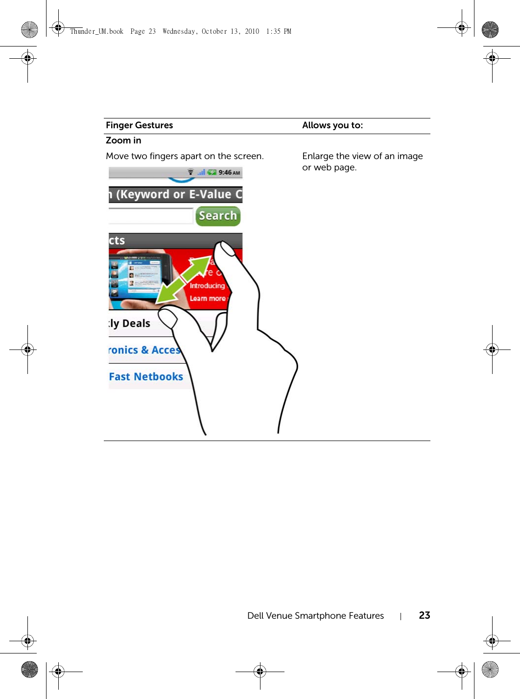 Dell Venue Smartphone Features 23Zoom inMove two fingers apart on the screen. Enlarge the view of an image or web page.Finger Gestures Allows you to:Thunder_UM.book  Page 23  Wednesday, October 13, 2010  1:35 PM