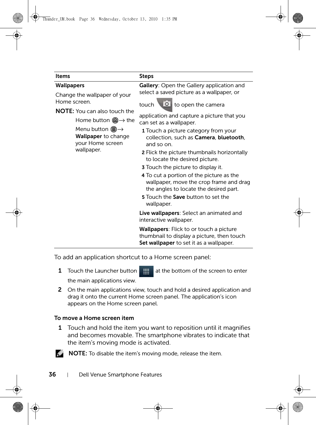 36 Dell Venue Smartphone FeaturesTo add an application shortcut to a Home screen panel:1Touch the Launcher button   at the bottom of the screen to enter the main applications view.2On the main applications view, touch and hold a desired application and drag it onto the current Home screen panel. The application’s icon appears on the Home screen panel.To move a Home screen item1Touch and hold the item you want to reposition until it magnifies and becomes movable. The smartphone vibrates to indicate that the item’s moving mode is activated. NOTE: To disable the item’s moving mode, release the item.WallpapersChange the wallpaper of your Home screen.NOTE: You can also touch the Home button  → the Menu button  → Wallpaper to change your Home screen wallpaper.Gallery: Open the Gallery application and select a saved picture as a wallpaper, or touch   to open the camera application and capture a picture that you can set as a wallpaper.1Touch a picture category from your collection, such as Camera, bluetooth, and so on.2Flick the picture thumbnails horizontally to locate the desired picture.3Touch the picture to display it.4To cut a portion of the picture as the wallpaper, move the crop frame and drag the angles to locate the desired part.5Touch the Save button to set the wallpaper.Live wallpapers: Select an animated and interactive wallpaper.Wallpapers: Flick to or touch a picture thumbnail to display a picture, then touch Set wallpaper to set it as a wallpaper.Items StepsThunder_UM.book  Page 36  Wednesday, October 13, 2010  1:35 PM