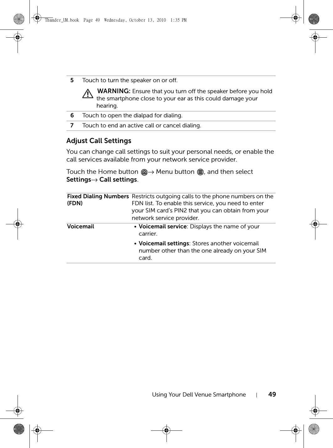 Using Your Dell Venue Smartphone 49Adjust Call SettingsYou can change call settings to suit your personal needs, or enable the call services available from your network service provider.Touch the Home button  → Menu button  , and then select Settings→ Call settings.5Touch to turn the speaker on or off. WARNING: Ensure that you turn off the speaker before you hold the smartphone close to your ear as this could damage your hearing.6Touch to open the dialpad for dialing.7Touch to end an active call or cancel dialing.Fixed Dialing Numbers (FDN)Restricts outgoing calls to the phone numbers on the FDN list. To enable this service, you need to enter your SIM card’s PIN2 that you can obtain from your network service provider.Voicemail •Voicemail service: Displays the name of your carrier.•Voicemail settings: Stores another voicemail number other than the one already on your SIM card.Thunder_UM.book  Page 49  Wednesday, October 13, 2010  1:35 PM
