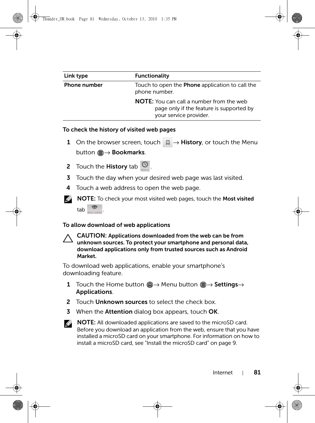 Internet 81To check the history of visited web pages1On the browser screen, touch  → History, or touch the Menu button  → Bookmarks.2Touch the History tab  .3Touch the day when your desired web page was last visited.4Touch a web address to open the web page. NOTE: To check your most visited web pages, touch the Most visited tab .To allow download of web applications CAUTION: Applications downloaded from the web can be from unknown sources. To protect your smartphone and personal data, download applications only from trusted sources such as Android Market.To download web applications, enable your smartphone’s downloading feature.1Touch the Home button  → Menu button  → Settings→ Applications.2Touch  Unknown sources to select the check box.3When the Attention dialog box appears, touch OK. NOTE: All downloaded applications are saved to the microSD card. Before you download an application from the web, ensure that you have installed a microSD card on your smartphone. For information on how to install a microSD card, see &quot;Install the microSD card&quot; on page 9.Phone number  Touch to open the Phone application to call the phone number.NOTE: You can call a number from the web page only if the feature is supported by your service provider.Link type FunctionalityThunder_UM.book  Page 81  Wednesday, October 13, 2010  1:35 PM