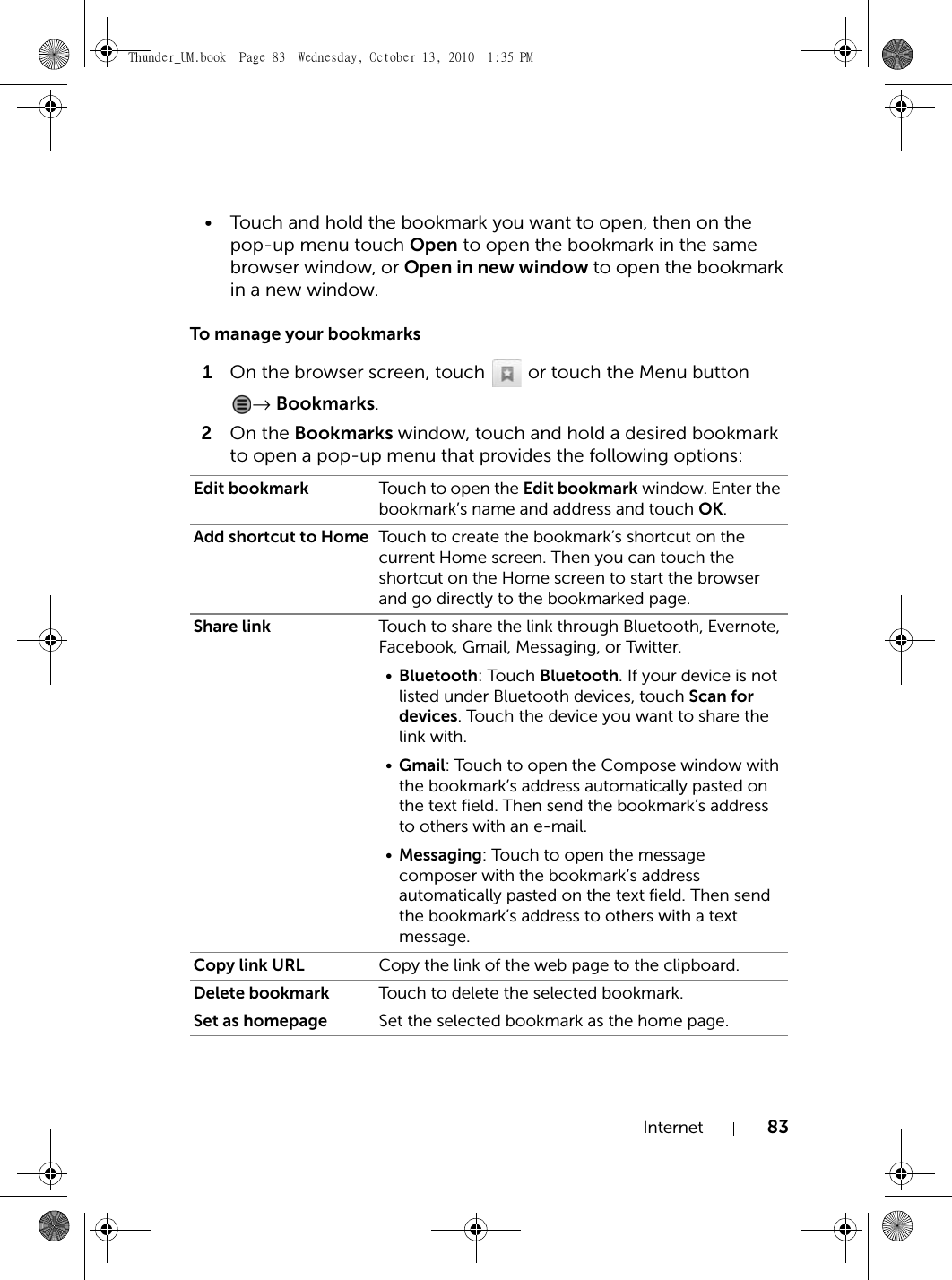 Internet 83• Touch and hold the bookmark you want to open, then on the pop-up menu touch Open to open the bookmark in the same browser window, or Open in new window to open the bookmark in a new window.To manage your bookmarks1On the browser screen, touch   or touch the Menu button → Bookmarks.2On the Bookmarks window, touch and hold a desired bookmark to open a pop-up menu that provides the following options:Edit bookmark Touch to open the Edit bookmark window. Enter the bookmark’s name and address and touch OK.Add shortcut to Home Touch to create the bookmark’s shortcut on the current Home screen. Then you can touch the shortcut on the Home screen to start the browser and go directly to the bookmarked page.Share link Touch to share the link through Bluetooth, Evernote, Facebook, Gmail, Messaging, or Twitter.•Bluetooth: Touch Bluetooth. If your device is not listed under Bluetooth devices, touch Scan for devices. Touch the device you want to share the link with.•Gmail: Touch to open the Compose window with the bookmark’s address automatically pasted on the text field. Then send the bookmark’s address to others with an e-mail.•Messaging: Touch to open the message composer with the bookmark’s address automatically pasted on the text field. Then send the bookmark’s address to others with a text message.Copy link URL Copy the link of the web page to the clipboard.Delete bookmark Touch to delete the selected bookmark.Set as homepage Set the selected bookmark as the home page.Thunder_UM.book  Page 83  Wednesday, October 13, 2010  1:35 PM