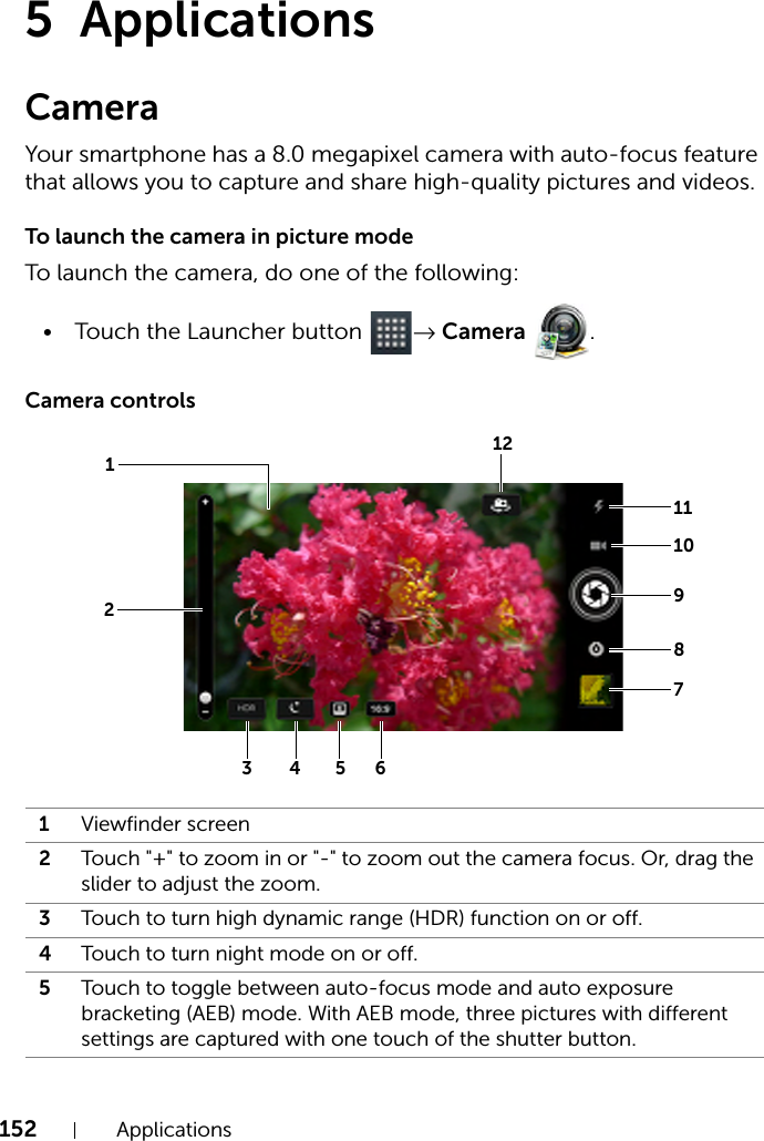 152 Applications5 ApplicationsCameraYour smartphone has a 8.0 megapixel camera with auto-focus feature that allows you to capture and share high-quality pictures and videos.To launch the camera in picture modeTo launch the camera, do one of the following:• Touch the Launcher button  → Camera .Camera controls1Viewfinder screen2Touch &quot;+&quot; to zoom in or &quot;-&quot; to zoom out the camera focus. Or, drag the slider to adjust the zoom.3Touch to turn high dynamic range (HDR) function on or off.4Touch to turn night mode on or off.5Touch to toggle between auto-focus mode and auto exposure bracketing (AEB) mode. With AEB mode, three pictures with different settings are captured with one touch of the shutter button.479112365128101