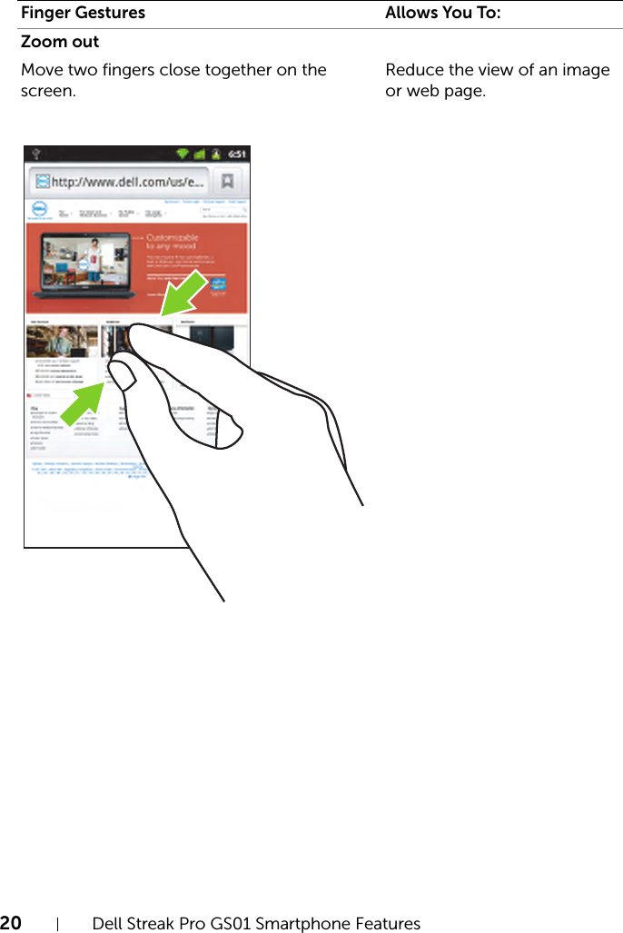 20 Dell Streak Pro GS01 Smartphone FeaturesFILE LOCATION:  D:\Projects\Compal Communications\Millennium-Generic\IN PROGRESS\Features.fmDELL CONFIDENTIAL – PRELIMINARY 11/17/11 - FOR PROOF ONLYZoom outMove two fingers close together on the screen.Reduce the view of an image or web page.Finger Gestures Allows You To: