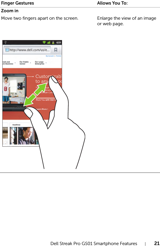 Dell Streak Pro GS01 Smartphone Features 21FILE LOCATION:  D:\Projects\Compal Communications\Millennium-Generic\IN PROGRESS\Features.fmDELL CONFIDENTIAL – PRELIMINARY 11/17/11 - FOR PROOF ONLYZoom inMove two fingers apart on the screen. Enlarge the view of an image or web page.Finger Gestures Allows You To: