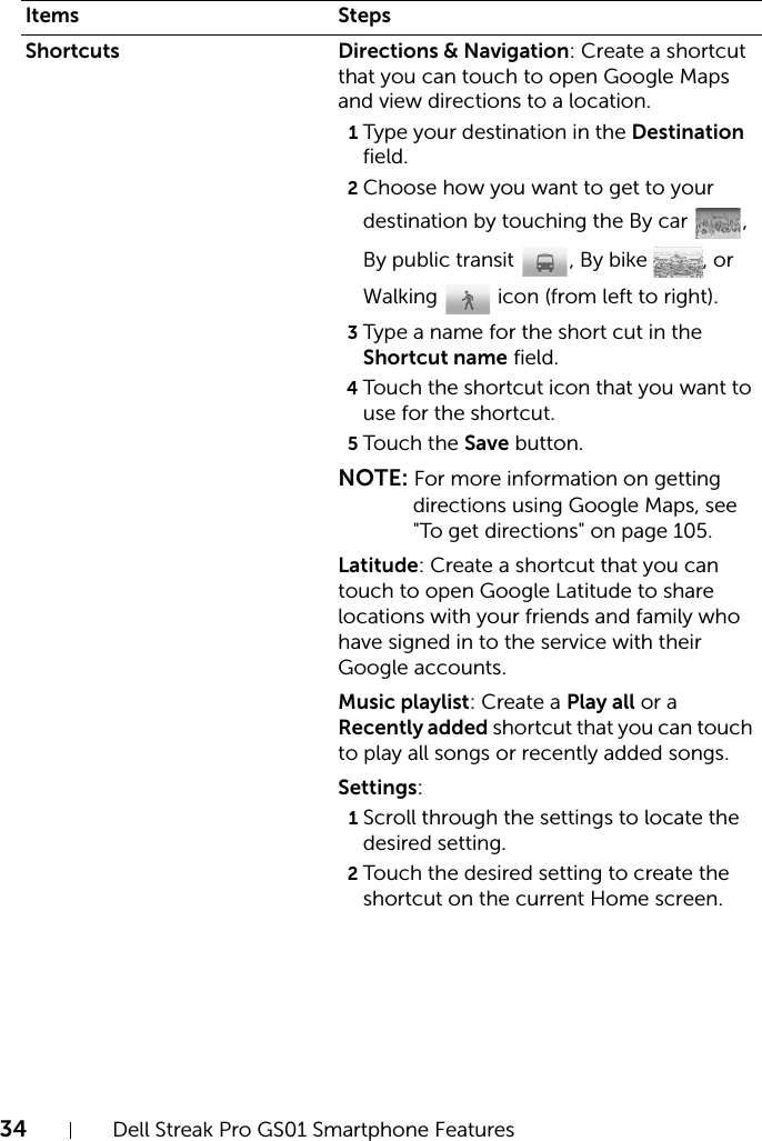 34 Dell Streak Pro GS01 Smartphone FeaturesFILE LOCATION:  D:\Projects\Compal Communications\Millennium-Generic\IN PROGRESS\Features.fmDELL CONFIDENTIAL – PRELIMINARY 11/17/11 - FOR PROOF ONLYShortcuts Directions &amp; Navigation: Create a shortcut that you can touch to open Google Maps and view directions to a location.1Type your destination in the Destination field.2Choose how you want to get to your destination by touching the By car  , By public transit  , By bike  , or Walking   icon (from left to right).3Type a name for the short cut in the Shortcut name field.4Touch the shortcut icon that you want to use for the shortcut.5Touch the Save button.NOTE: For more information on getting directions using Google Maps, see &quot;To get directions&quot; on page 105.Latitude: Create a shortcut that you can touch to open Google Latitude to share locations with your friends and family who have signed in to the service with their Google accounts.Music playlist: Create a Play all or a Recently added shortcut that you can touch to play all songs or recently added songs.Settings:1Scroll through the settings to locate the desired setting.2Touch the desired setting to create the shortcut on the current Home screen.Items Steps