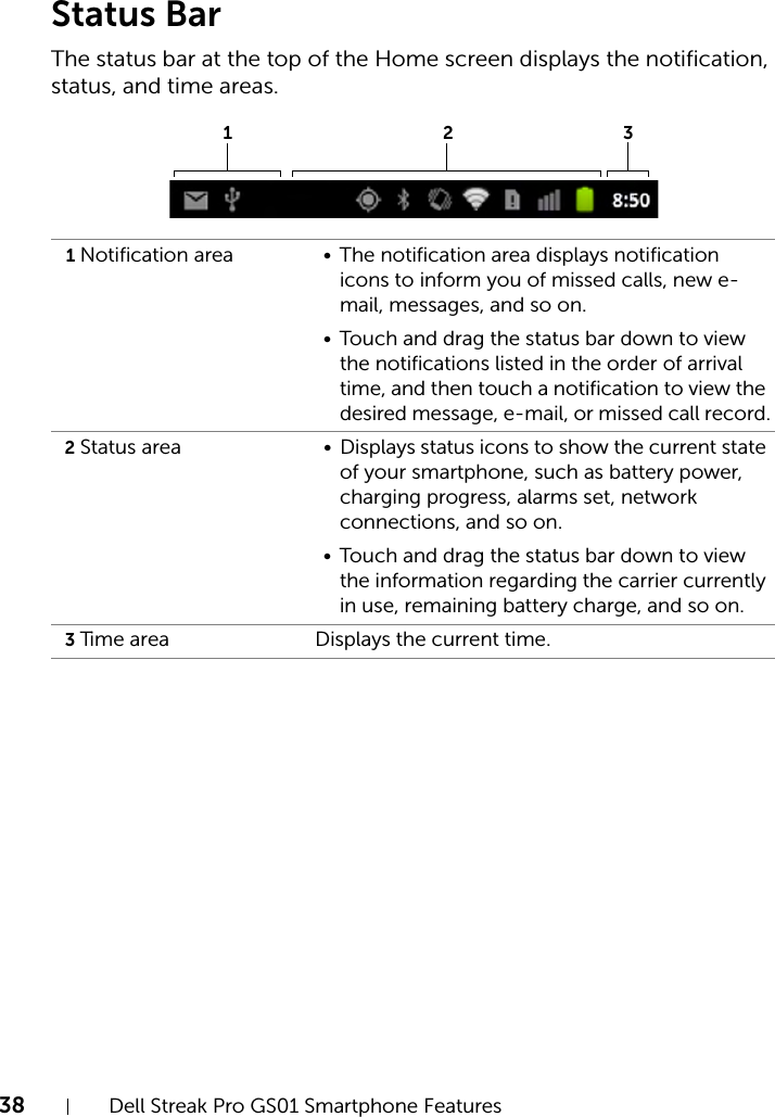38 Dell Streak Pro GS01 Smartphone FeaturesFILE LOCATION:  D:\Projects\Compal Communications\Millennium-Generic\IN PROGRESS\Features.fmDELL CONFIDENTIAL – PRELIMINARY 11/17/11 - FOR PROOF ONLYStatus BarThe status bar at the top of the Home screen displays the notification, status, and time areas.1Notification area • The notification area displays notification icons to inform you of missed calls, new e-mail, messages, and so on.• Touch and drag the status bar down to view the notifications listed in the order of arrival time, and then touch a notification to view the desired message, e-mail, or missed call record.2Status area • Displays status icons to show the current state of your smartphone, such as battery power, charging progress, alarms set, network connections, and so on.• Touch and drag the status bar down to view the information regarding the carrier currently in use, remaining battery charge, and so on.3Time area Displays the current time.123