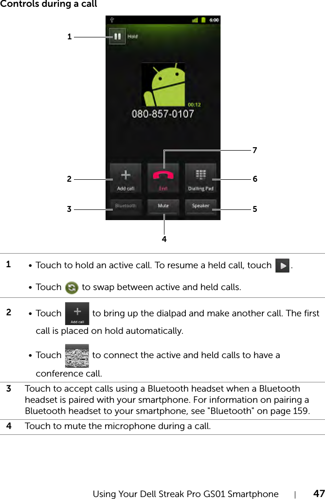 Using Your Dell Streak Pro GS01 Smartphone 47Controls during a call1• Touch to hold an active call. To resume a held call, touch  .• Touch   to swap between active and held calls.2• Touch   to bring up the dialpad and make another call. The first call is placed on hold automatically.• Touch   to connect the active and held calls to have a conference call.3Touch to accept calls using a Bluetooth headset when a Bluetooth headset is paired with your smartphone. For information on pairing a Bluetooth headset to your smartphone, see &quot;Bluetooth&quot; on page 159.4Touch to mute the microphone during a call.1237654