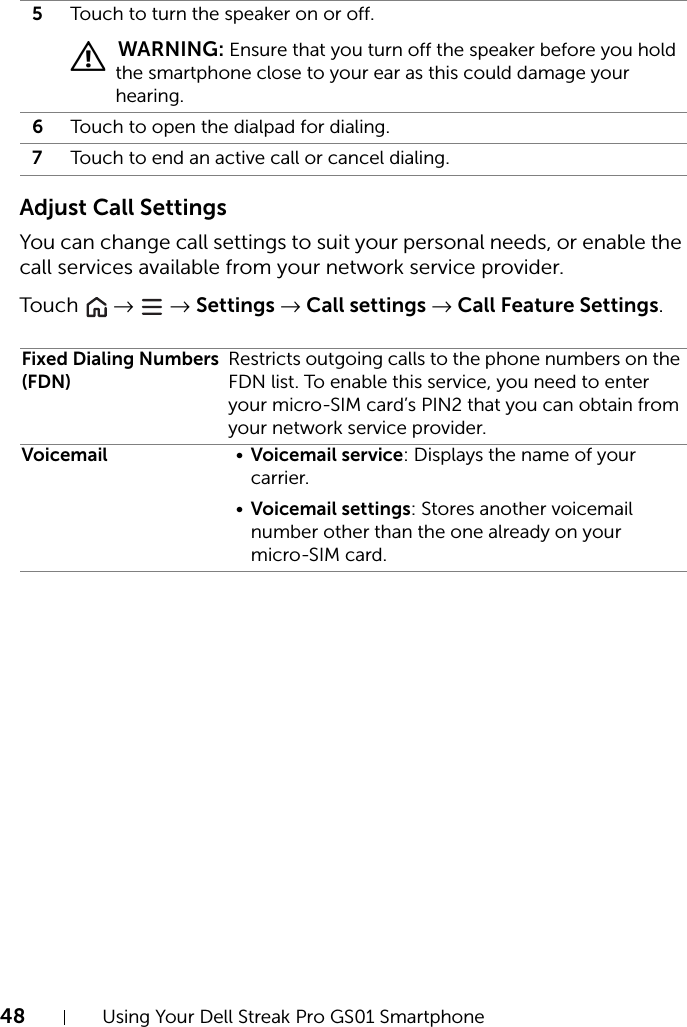 48 Using Your Dell Streak Pro GS01 SmartphoneAdjust Call SettingsYou can change call settings to suit your personal needs, or enable the call services available from your network service provider.Touch   →  → Settings → Call settings → Call Feature Settings.5Touch to turn the speaker on or off. WARNING: Ensure that you turn off the speaker before you hold the smartphone close to your ear as this could damage your hearing.6Touch to open the dialpad for dialing.7Touch to end an active call or cancel dialing.Fixed Dialing Numbers (FDN)Restricts outgoing calls to the phone numbers on the FDN list. To enable this service, you need to enter your micro-SIM card’s PIN2 that you can obtain from your network service provider.Voicemail •Voicemail service: Displays the name of your carrier.•Voicemail settings: Stores another voicemail number other than the one already on your micro-SIM card.