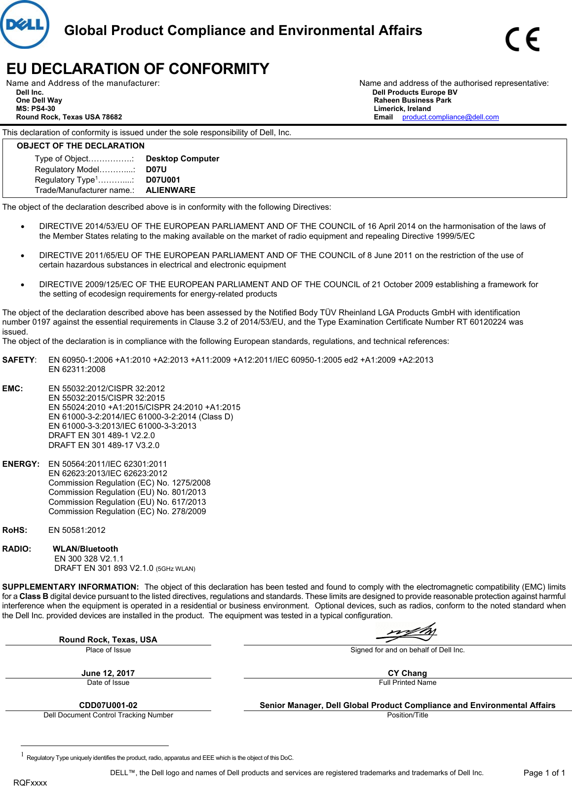 Page 1 of 1 - Dell Alienware-alpha - CDD07U001-02 User Manual Yderligere Dokumenter EUROPEAN UNION CE Declaration Of Conformity Alienware Alpha,d07u,d07u001,european