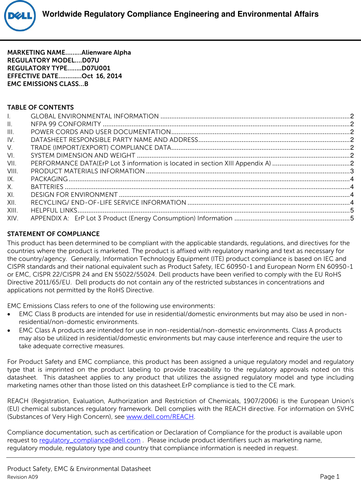 Page 1 of 6 - Dell Alienware-alpha Product Safety, EMC And Environmental Datasheet User Manual Yderligere Dokumenter - Regulatory Alienware Alpha,d07u,d07u001,dell