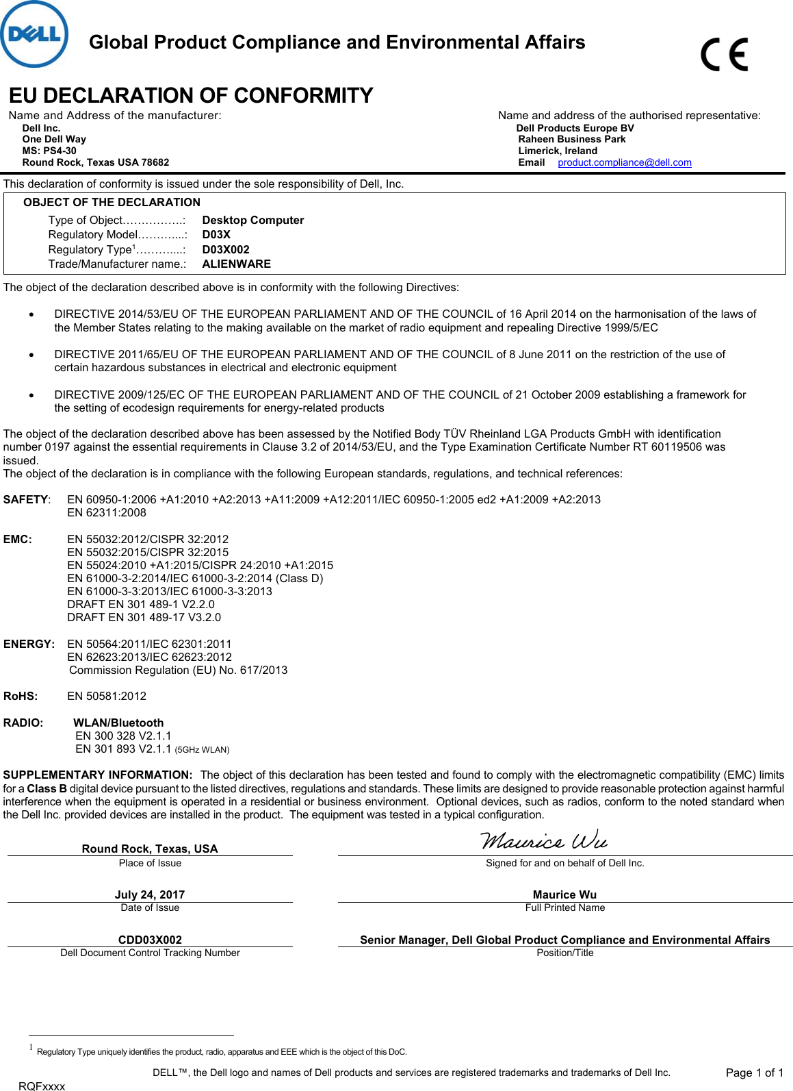 Page 1 of 1 - Dell Alienware-area51-r4 - CDD03X002 User Manual Yderligere Dokumenter EUROPEAN UNION CE Declaration Of Conformity Alienware Area-51 R4,d03x,d03x002,european